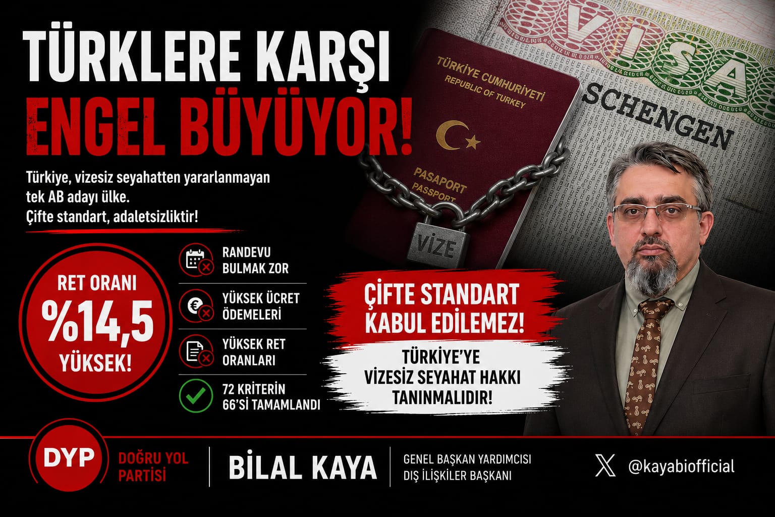 DOĞRU YOL PARTİSİ GENEL BAŞKAN YARDIMCISI DIŞ İLİŞKİLER BAŞKANI BİLAL KAYA: “TÜRK VATANDAŞLARINA UYGULANAN SCHENGEN ENGE